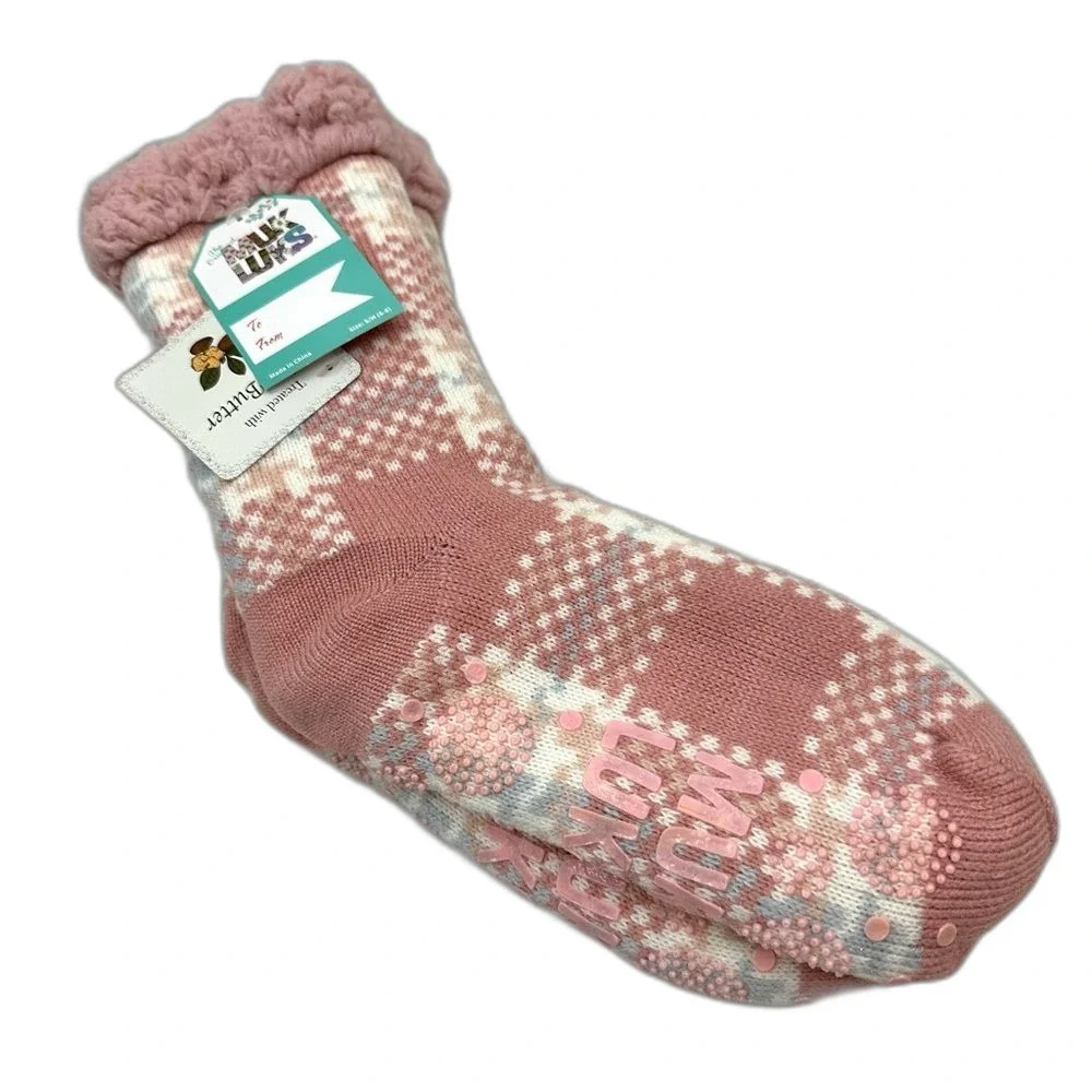 Muk Luks Pink Plaid Print Fluffy Cozy Cabin Flannel Socks NWT Size Small/Medium